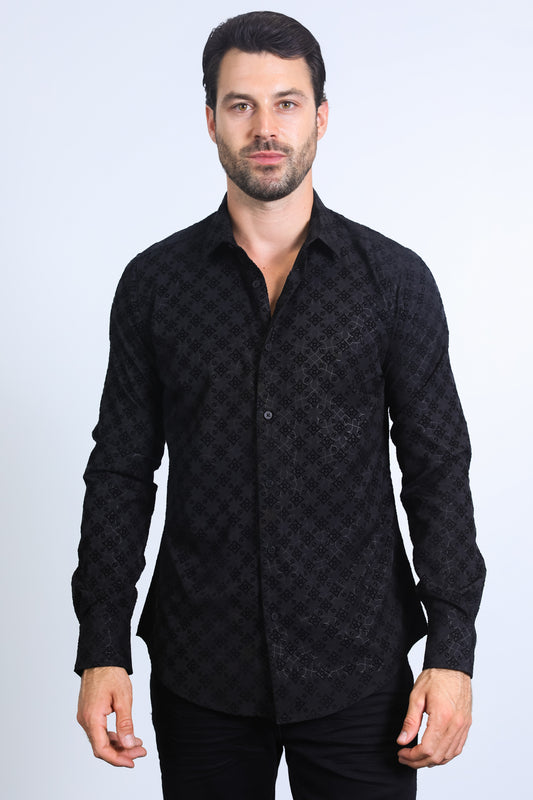 Men's Flocked Style Modern Fit Spandex Black Shirt