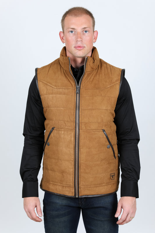 Men's Fur Lined Quilted Faux Suede Vest - Camel