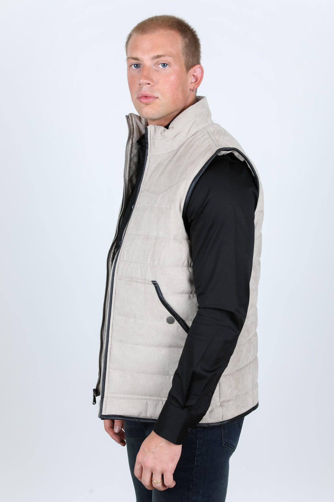 Men's Fur Lined Quilted Faux Suede Vest - Gray