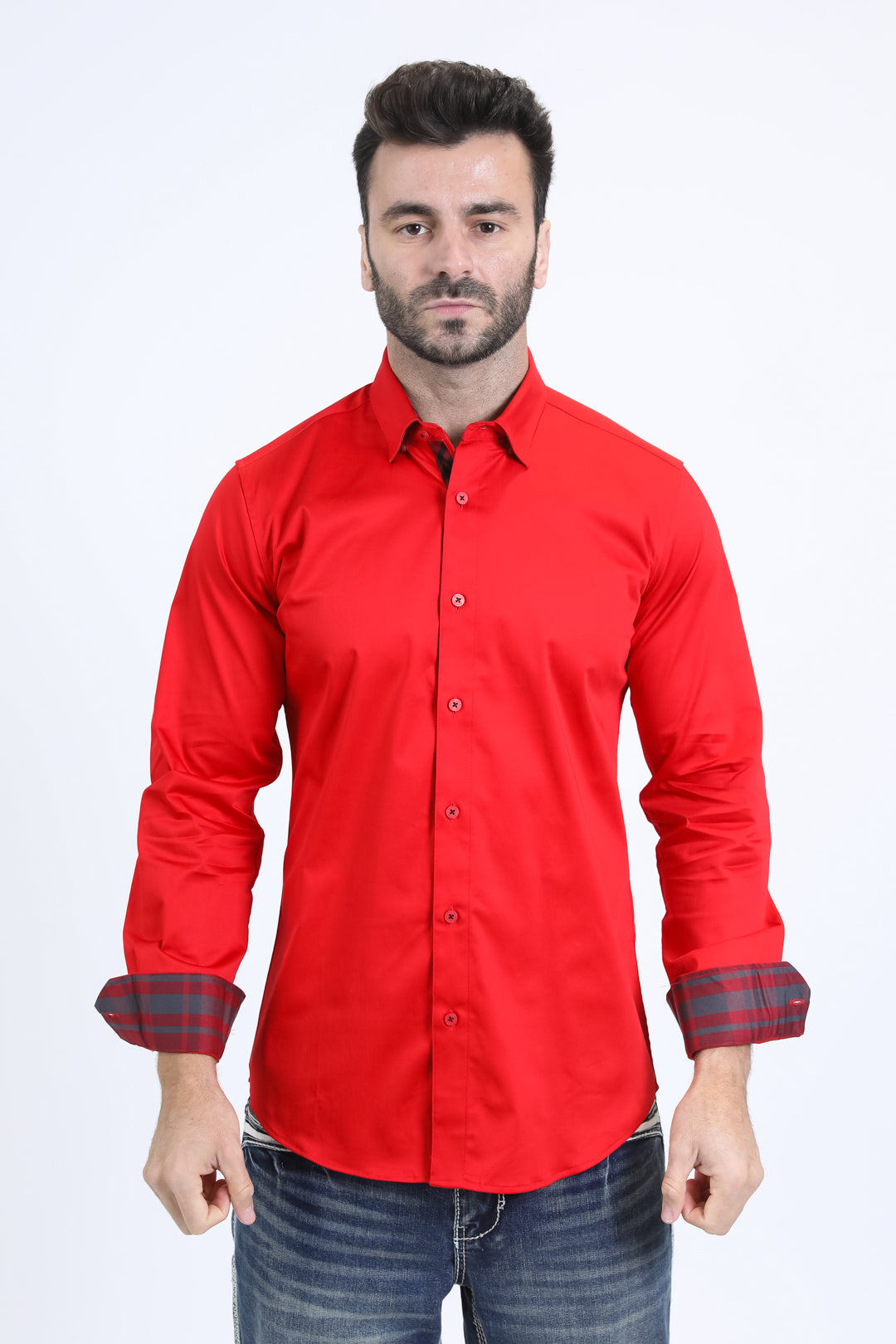 Satin Cotton/Spandex Long Sleeve Red Shirt