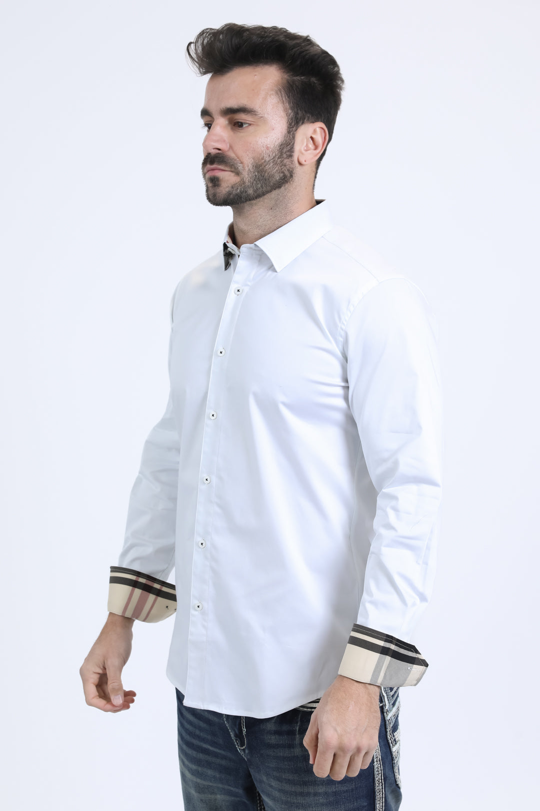 Satin Cotton/Spandex Long Sleeve White Shirt