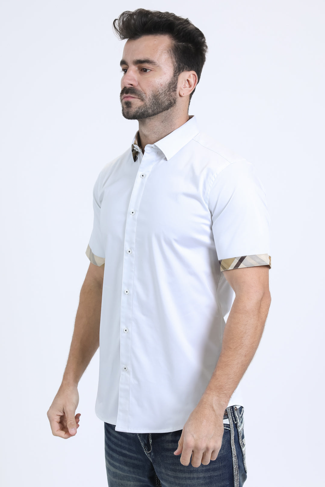 Satin Cotton/Spandex Short Sleeve White Shirt