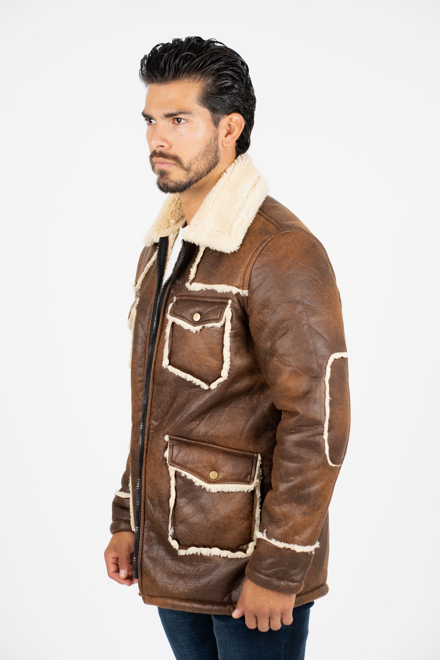 Men's Brown Suede Jacket w/ Faux Shearling-lined