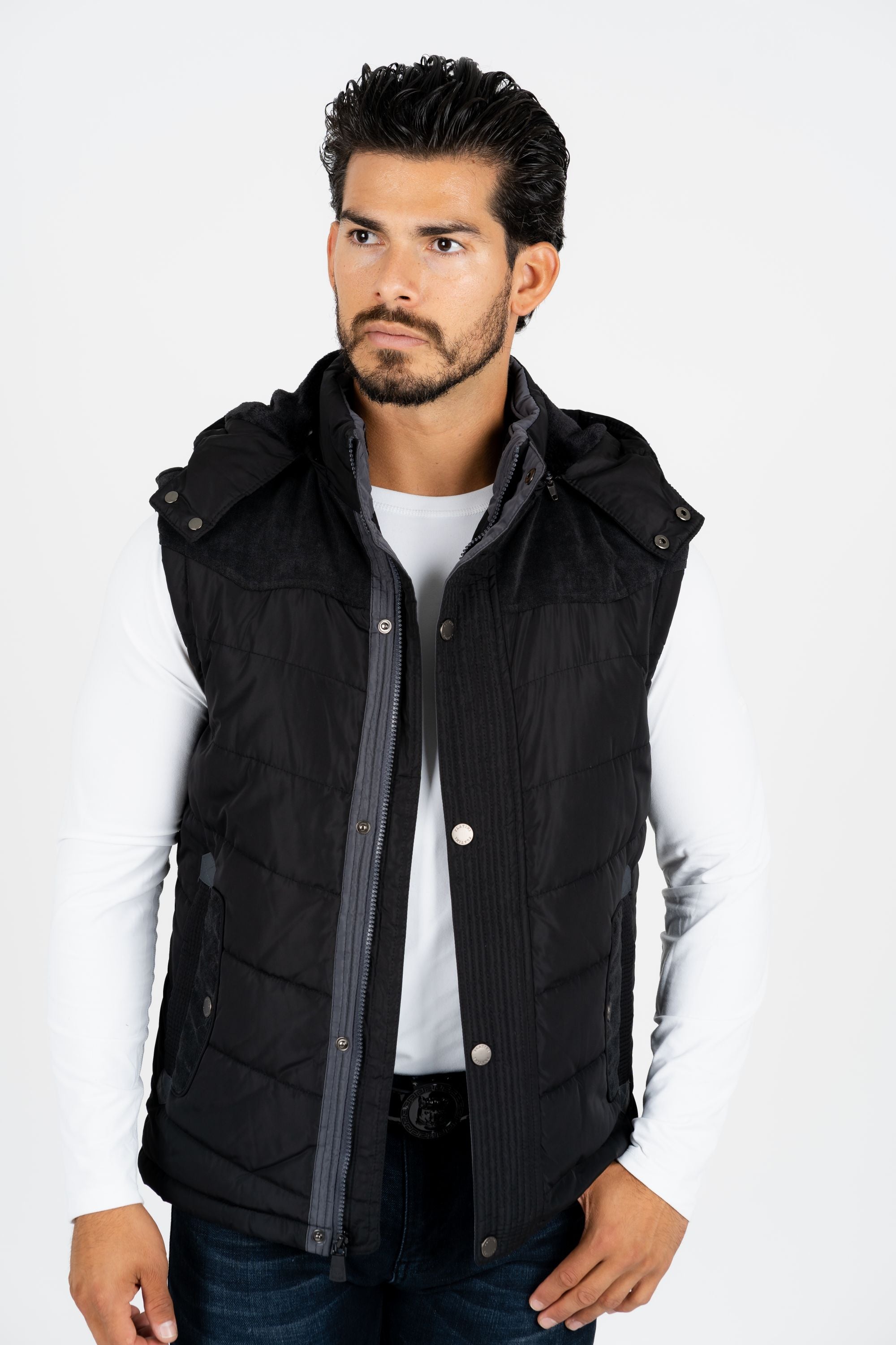 Men s Black Padded Hooded Vest w Faux Fur Lining Platini Fashion