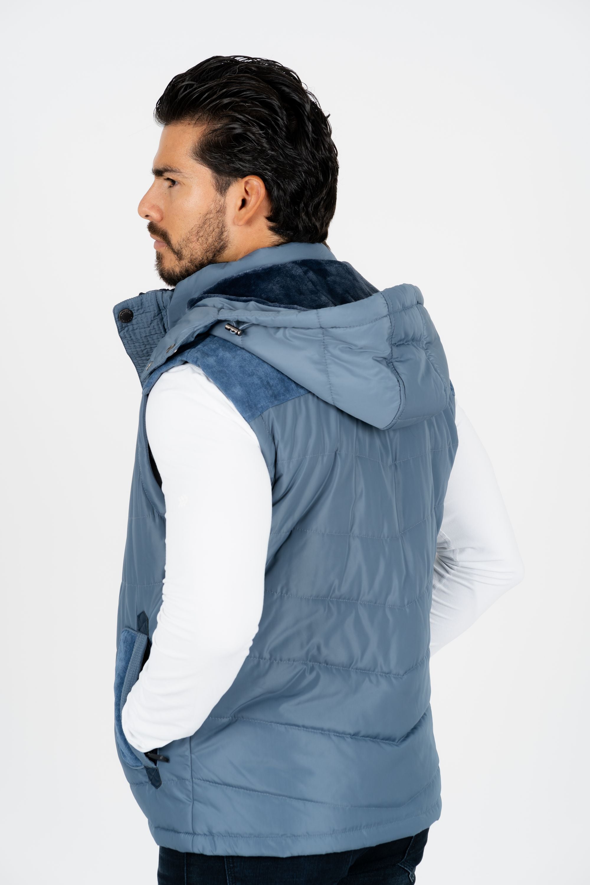 Men s Blue Padded Hooded Vest w Faux Fur Lining Platini Fashion